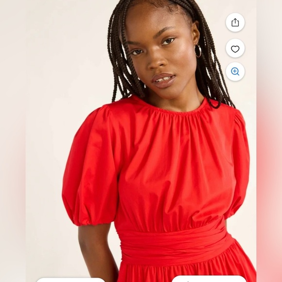 Free Assembly Red Cotton Bow Wrap Around Tie Midi Dress with Puff Sleeves - Picture 3 of 14